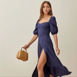 Reformation square neckline navy mini dress puff sleeve size 6